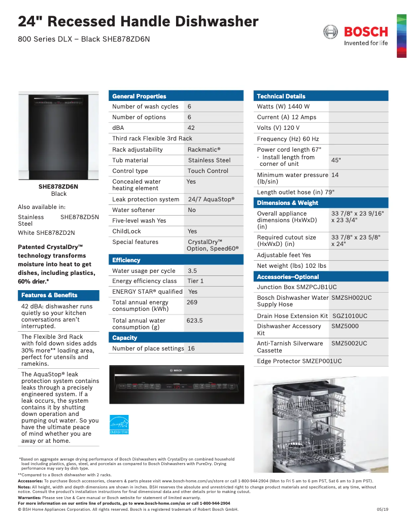 Page 1 of the manual Technical Sheet Bosch SHE878ZD6N