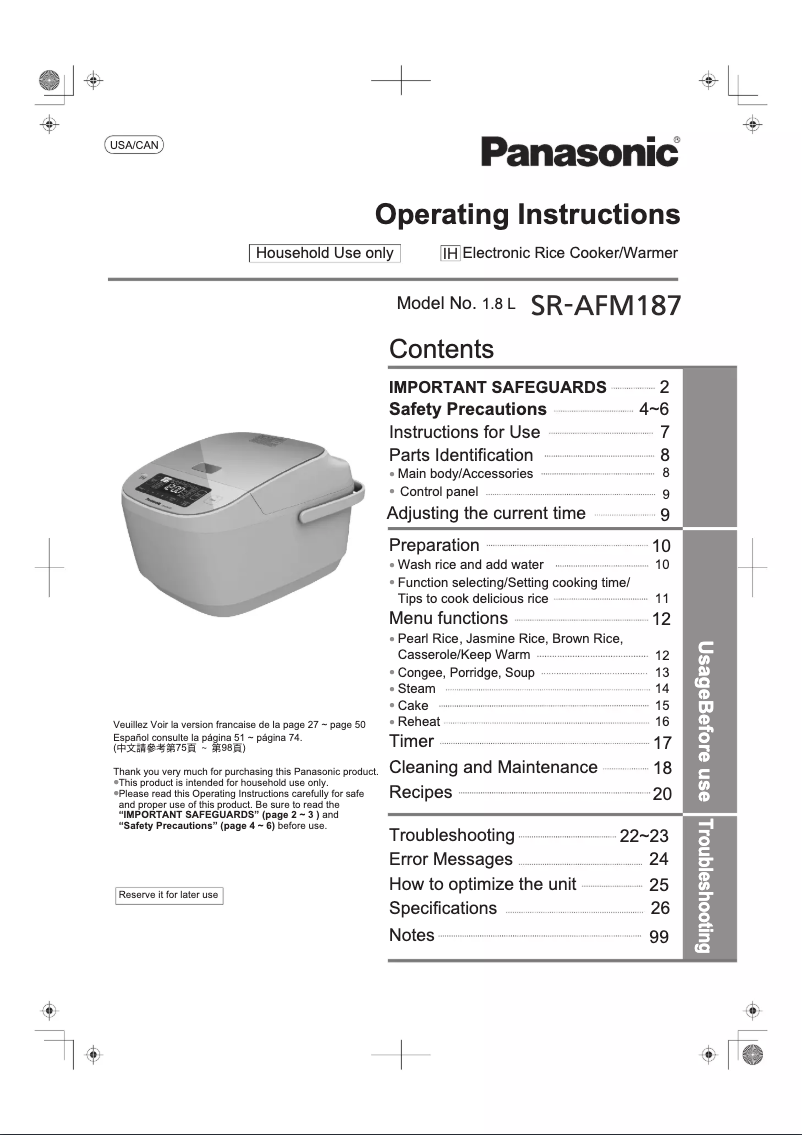 Page 1 de la notice Manuel utilisateur Panasonic SR-AFM187