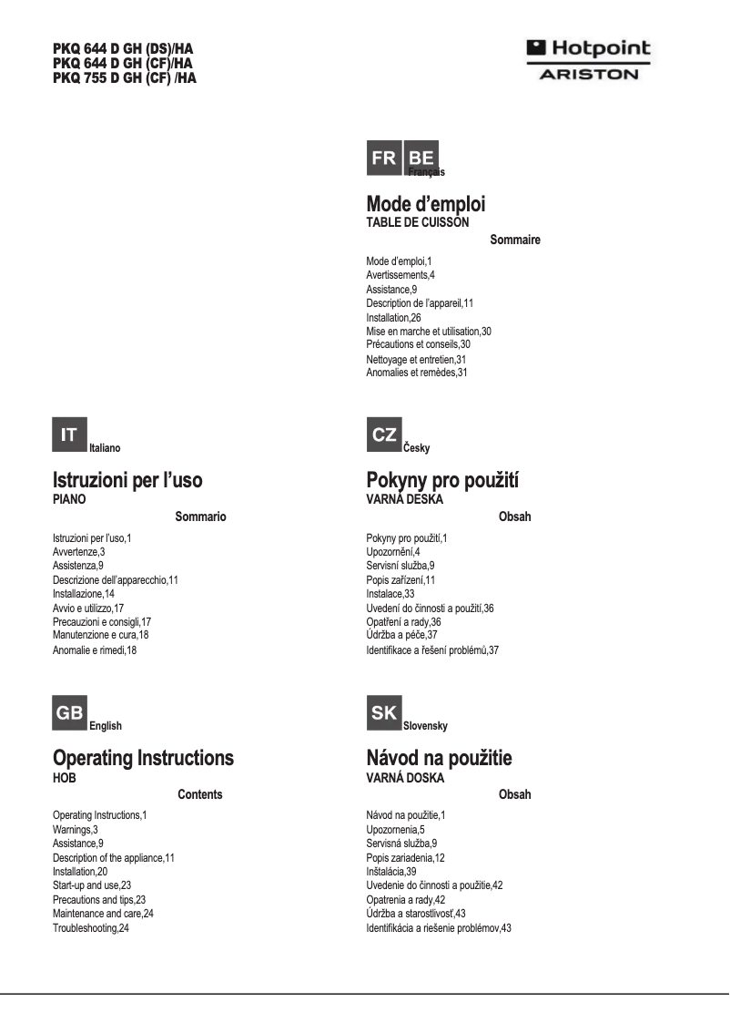 Page 1 de la notice Manuel utilisateur Hotpoint Ariston PKQ 755 D GH (CF)/HA