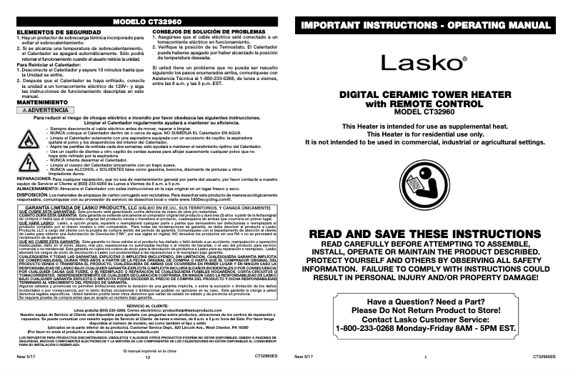 Page 1 of the manual User Manual Lasko Ultra Digital Ceramic CT32960