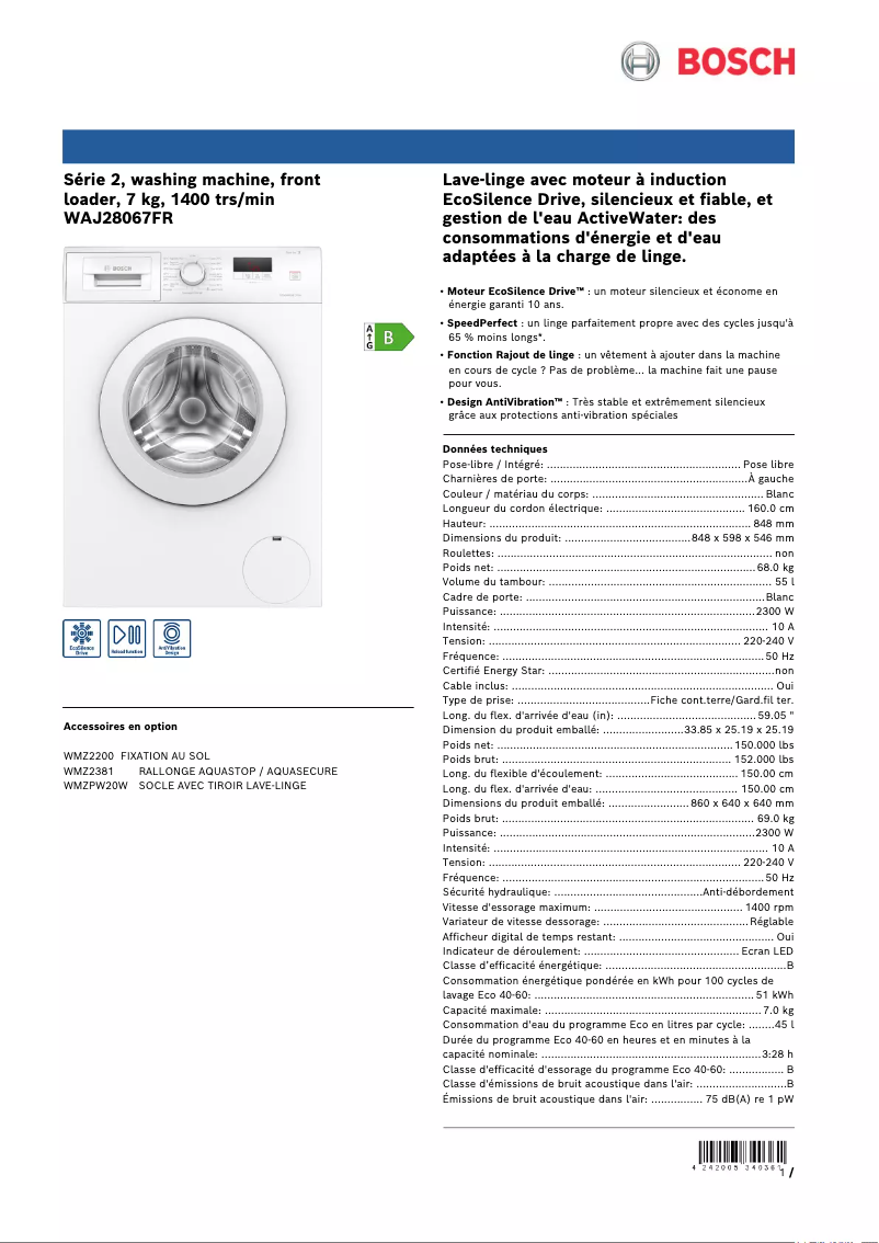 Page 1 de la notice Fiche technique Bosch WAJ28067FR