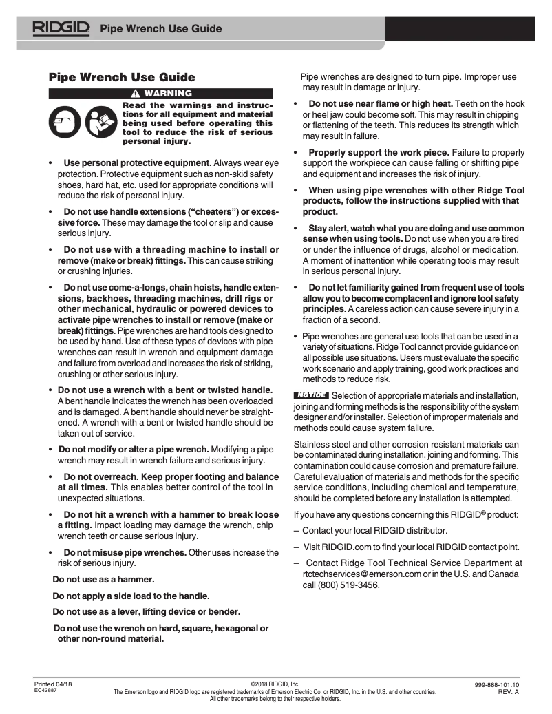 Page 1 de la notice Instructions / montage Ridgid 848