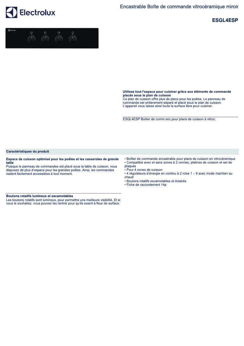 Page 1 de la notice Fiche technique AEG ESGL4ESP