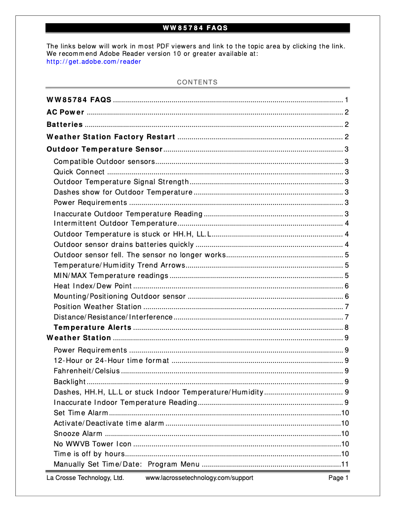 Page 1 de la notice FAQ La Crosse Technology WW85784