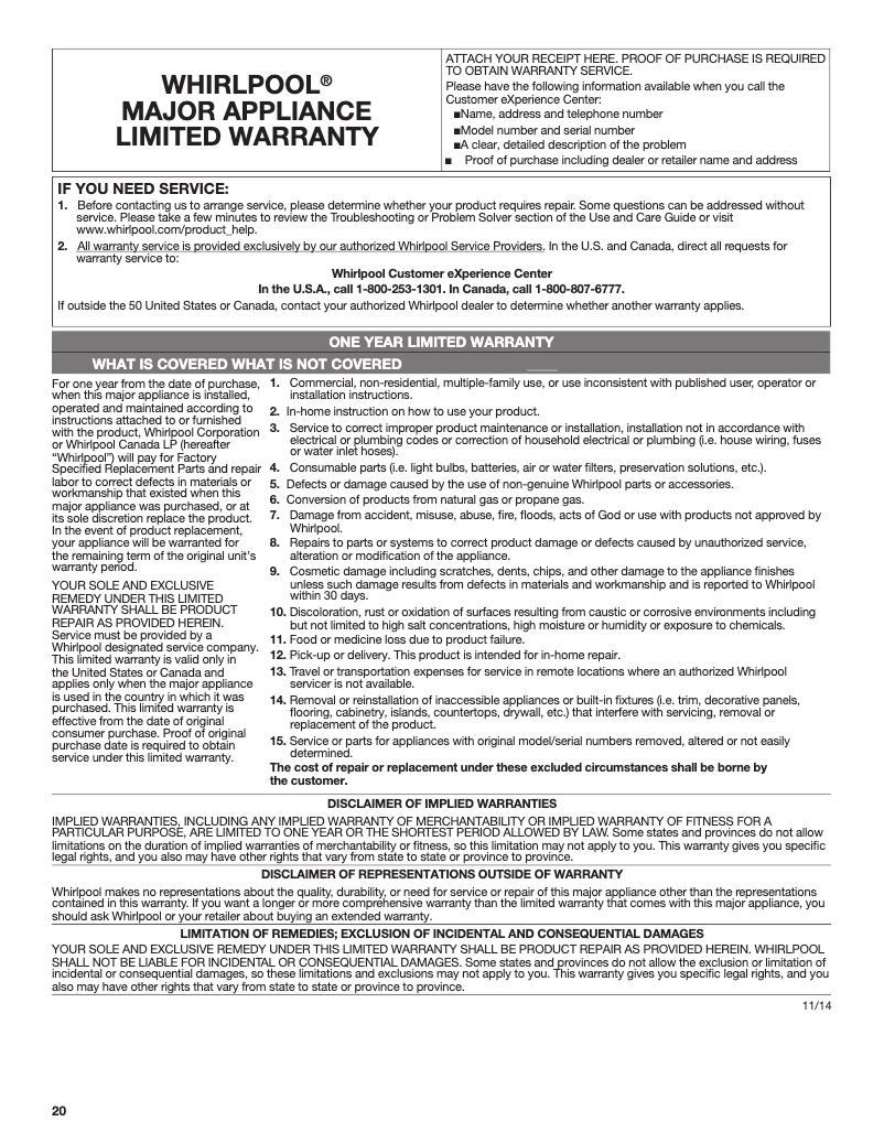Page 1 of the manual Warranty Information Whirlpool WOC54EC7HW