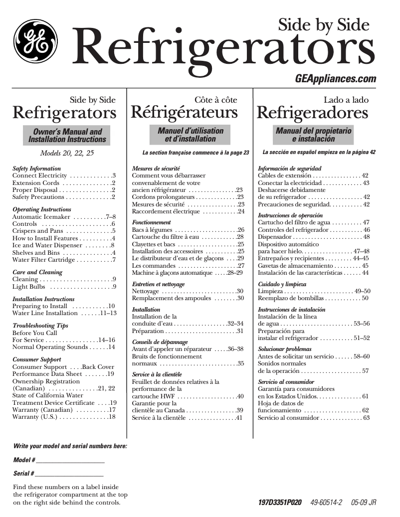 Page 1 de la notice Manuel d'utilisation et d'entretien GE GSH25ISXSS