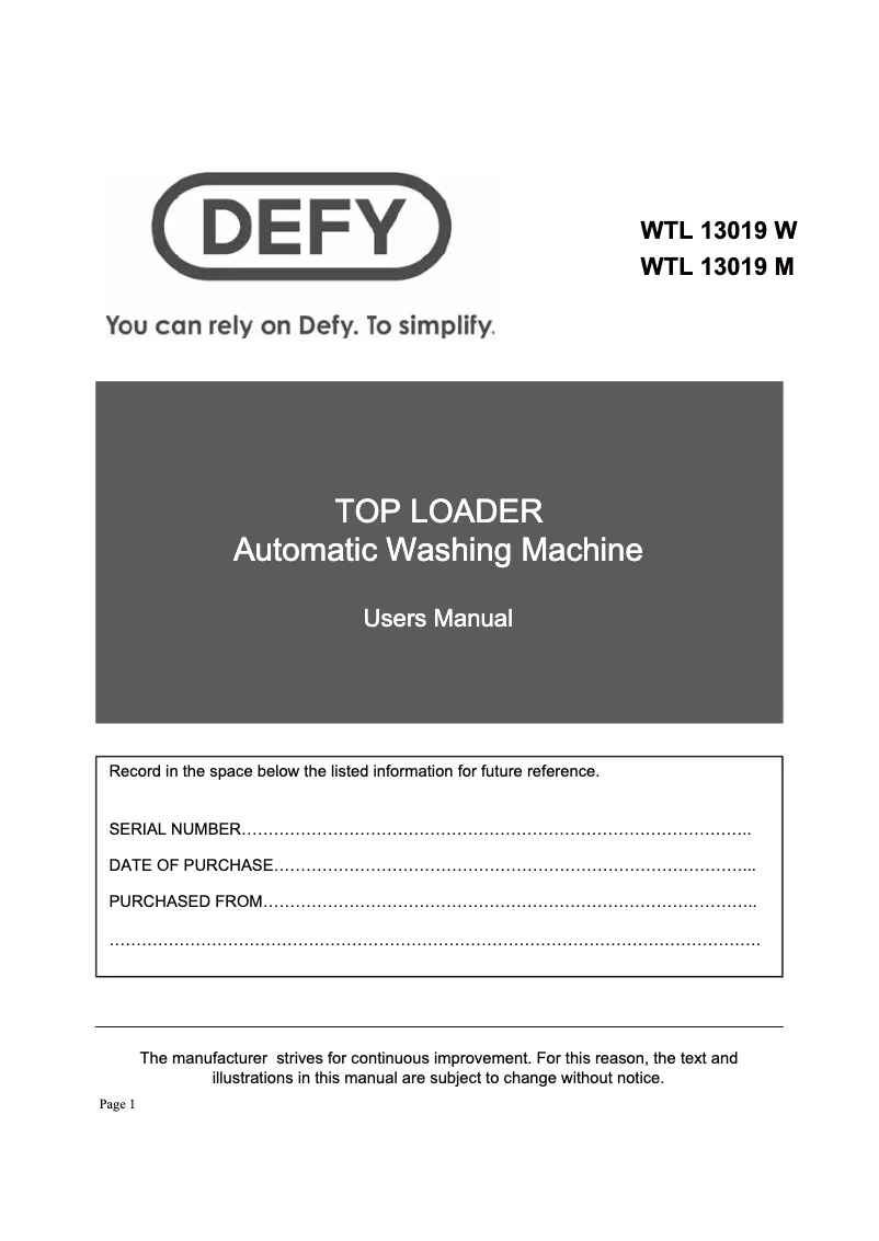 Page 1 de la notice Manuel utilisateur Defy WTL 13019 M