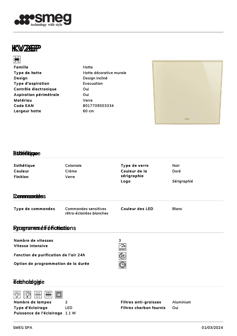 Page 1 de la notice Fiche technique Smeg KV26P