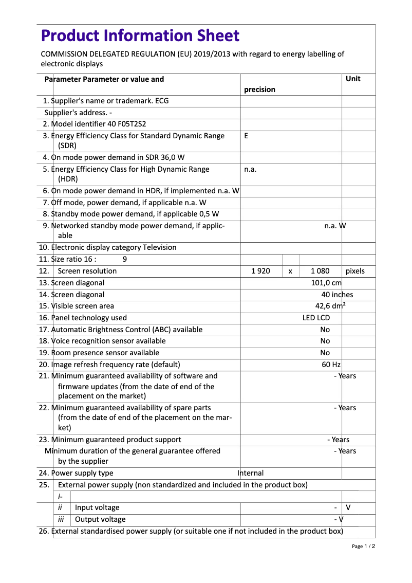 Page 1 de la notice Fiche technique ECG 40 F05T2S2