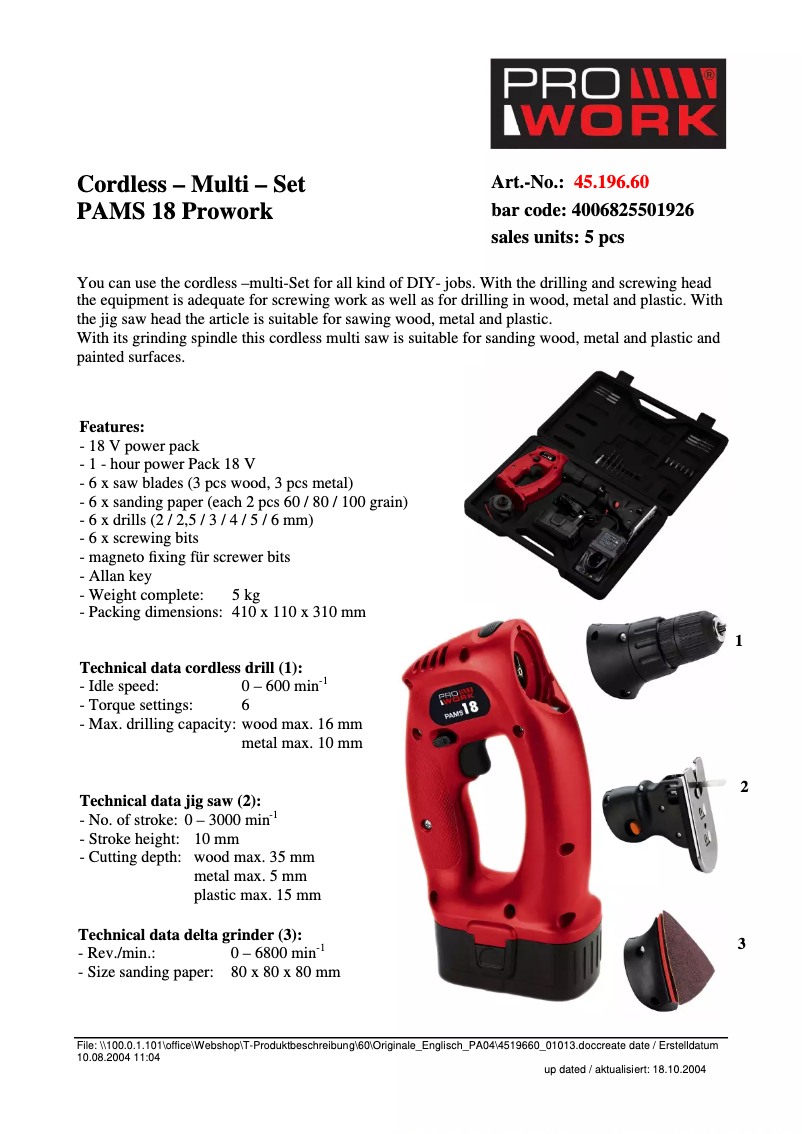 Page 1 de la notice Fiche technique Prowork PAMS 18