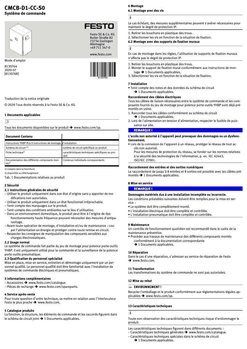 Page 1 de la notice Manuel utilisateur Festo CMCB-D1-CC-S0