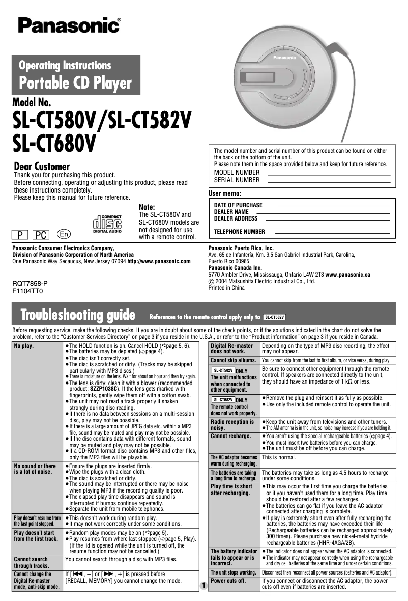 Page 1 de la notice Manuel utilisateur Panasonic SL-CT680V