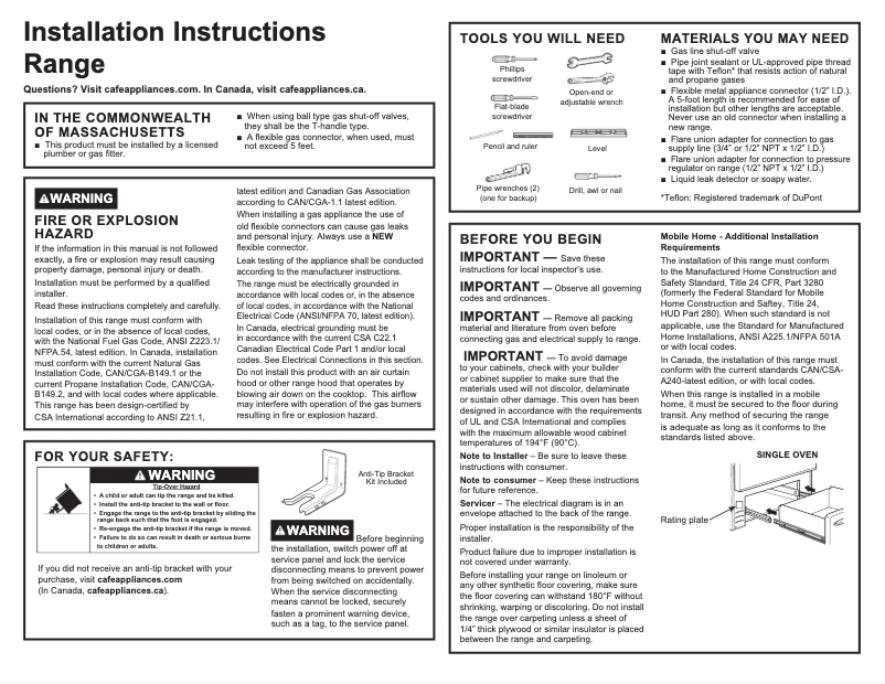Page 1 de la notice Guide d'installation GE JGB660DPWW