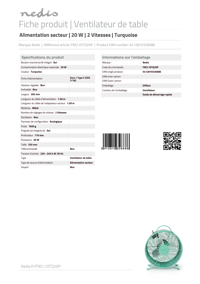 Page 1 de la notice Manuel utilisateur Nedis FNCL10TQ20P