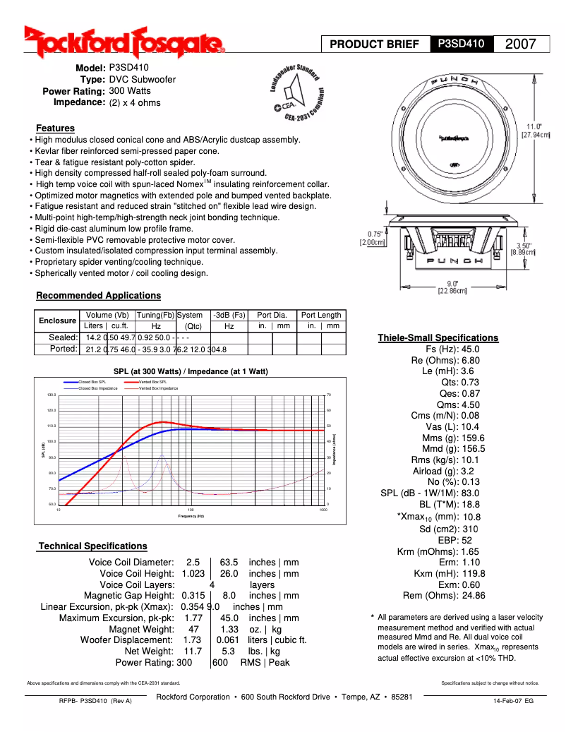 Page 1 de la notice Fiche technique Rockford Fosgate Punch P3SD2-12