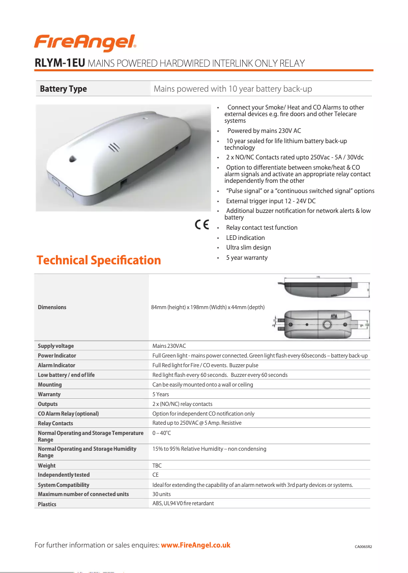 Page 1 de la notice Fiche technique FireAngel RLYM-1EU