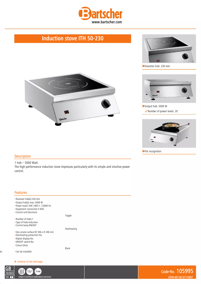 Page 1 de la notice Fiche technique Bartscher ITH 50