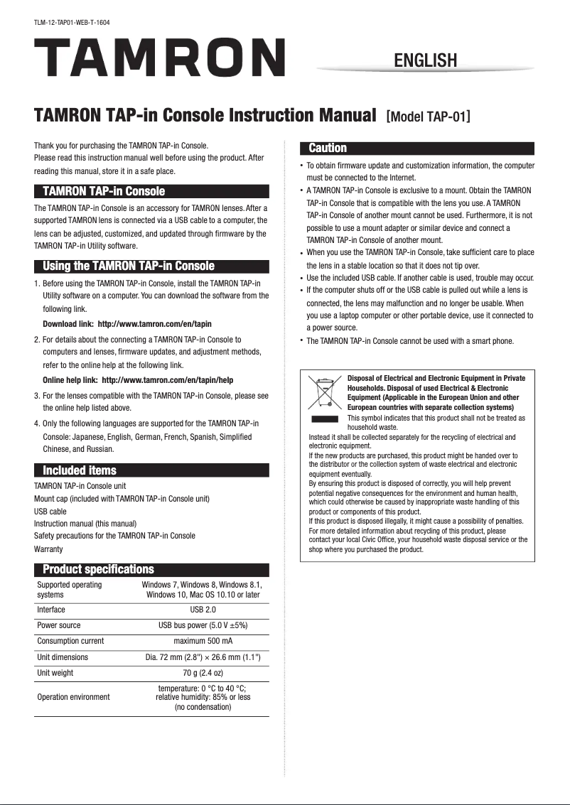 Page 1 de la notice Manuel utilisateur Tamron TAP-01
