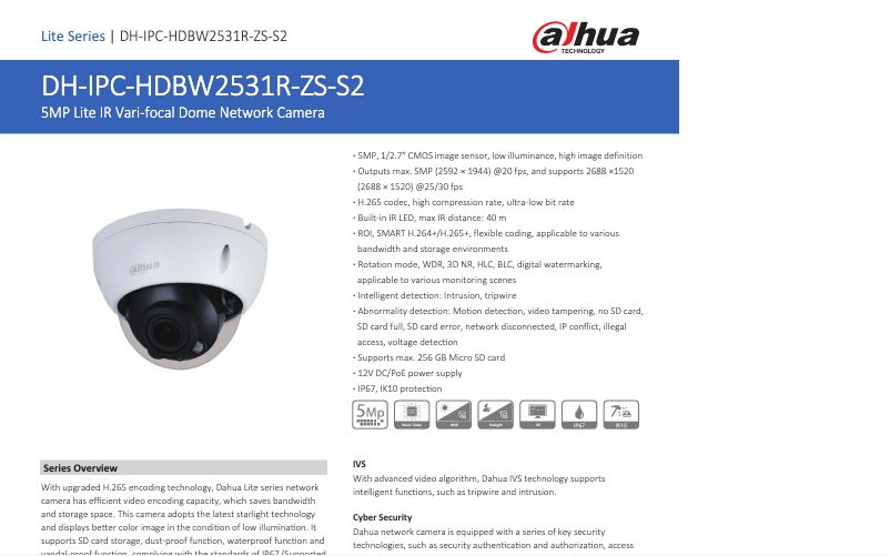 Page 1 de la notice Fiche technique Dahua Technology IPC-HDBW2531R-ZS-S2