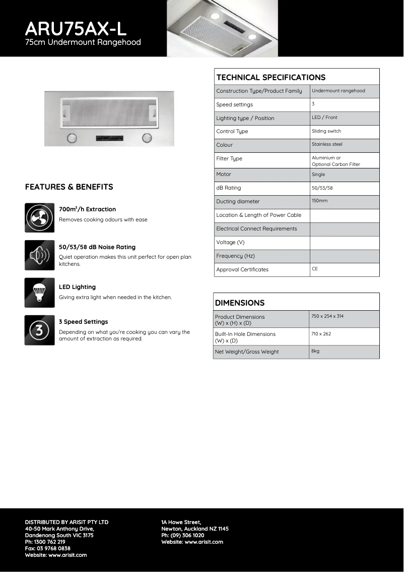 Página 1 del manual Ficha técnica Tisira ARU75AX-L