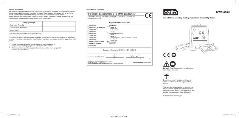 Page 1 de la notice Manuel utilisateur Ozito MWR-090U