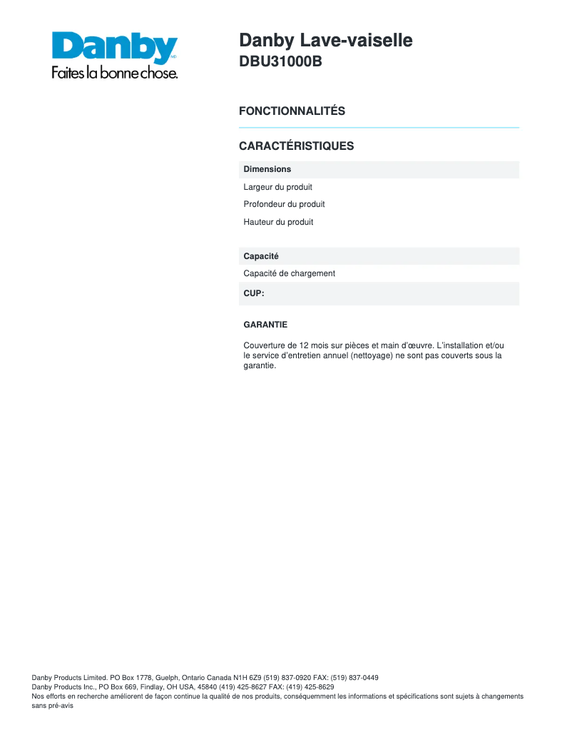 Page 1 de la notice Manuel utilisateur Danby DBU31000B