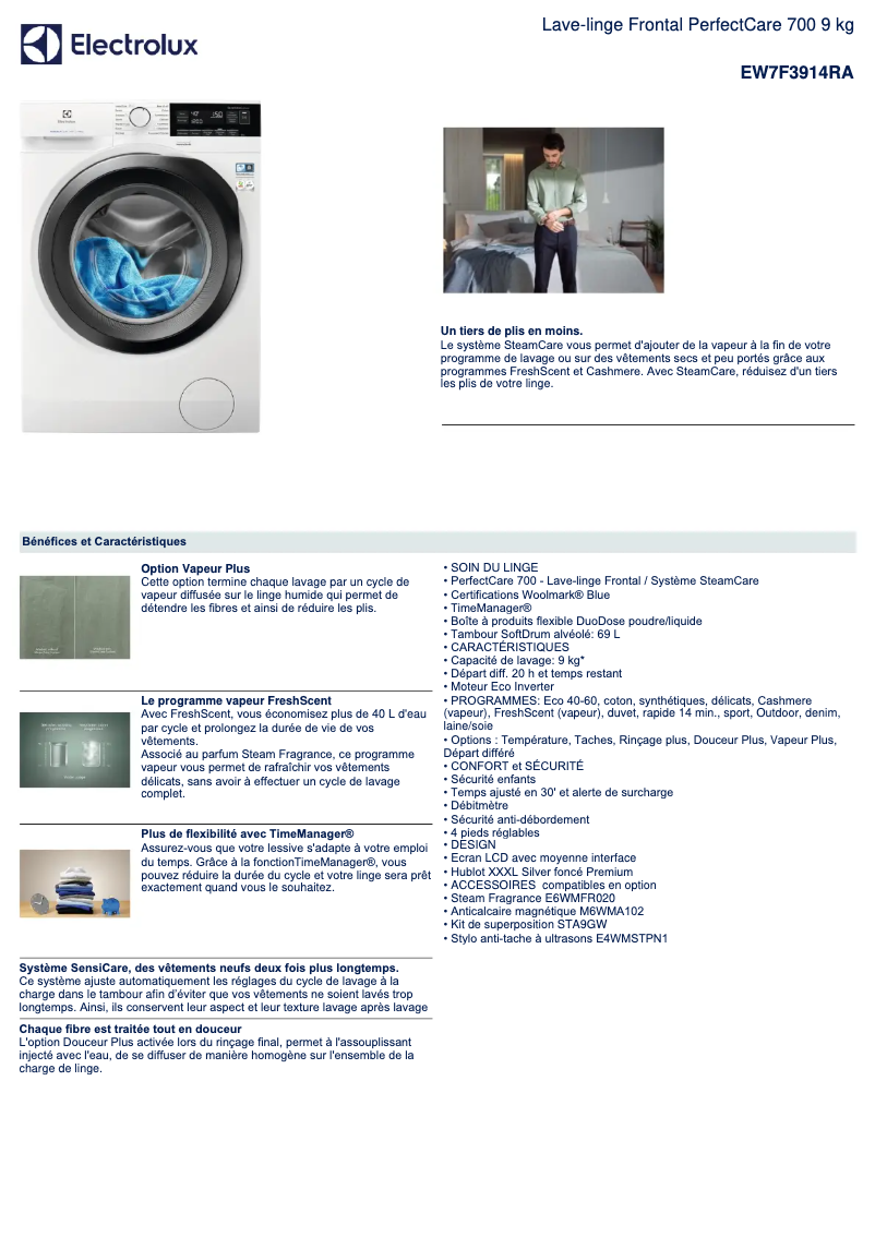 Page 1 de la notice Fiche technique Electrolux EW7F3914RA