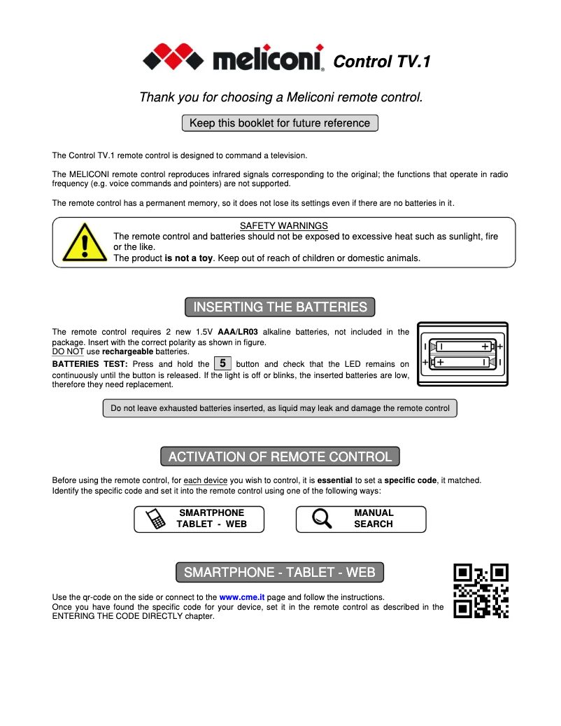 Page 1 de la notice Manuel utilisateur Meliconi Control TV+