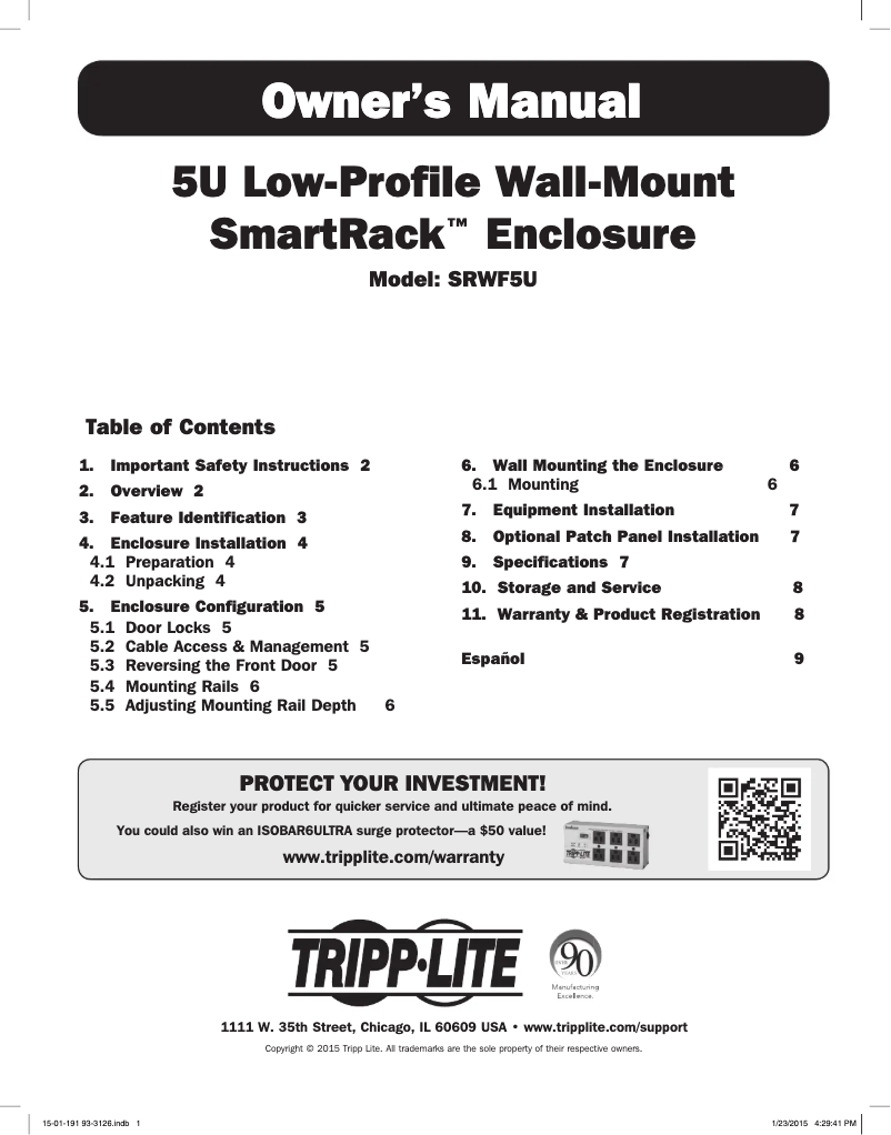 Page 1 de la notice Manuel utilisateur Tripp Lite SmartRack SRWF5U