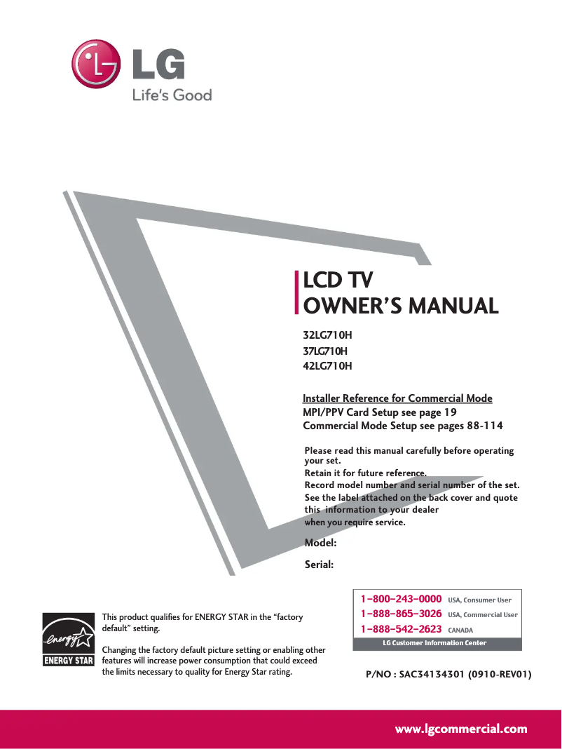 Page 1 de la notice Manuel utilisateur LG 37LG710H