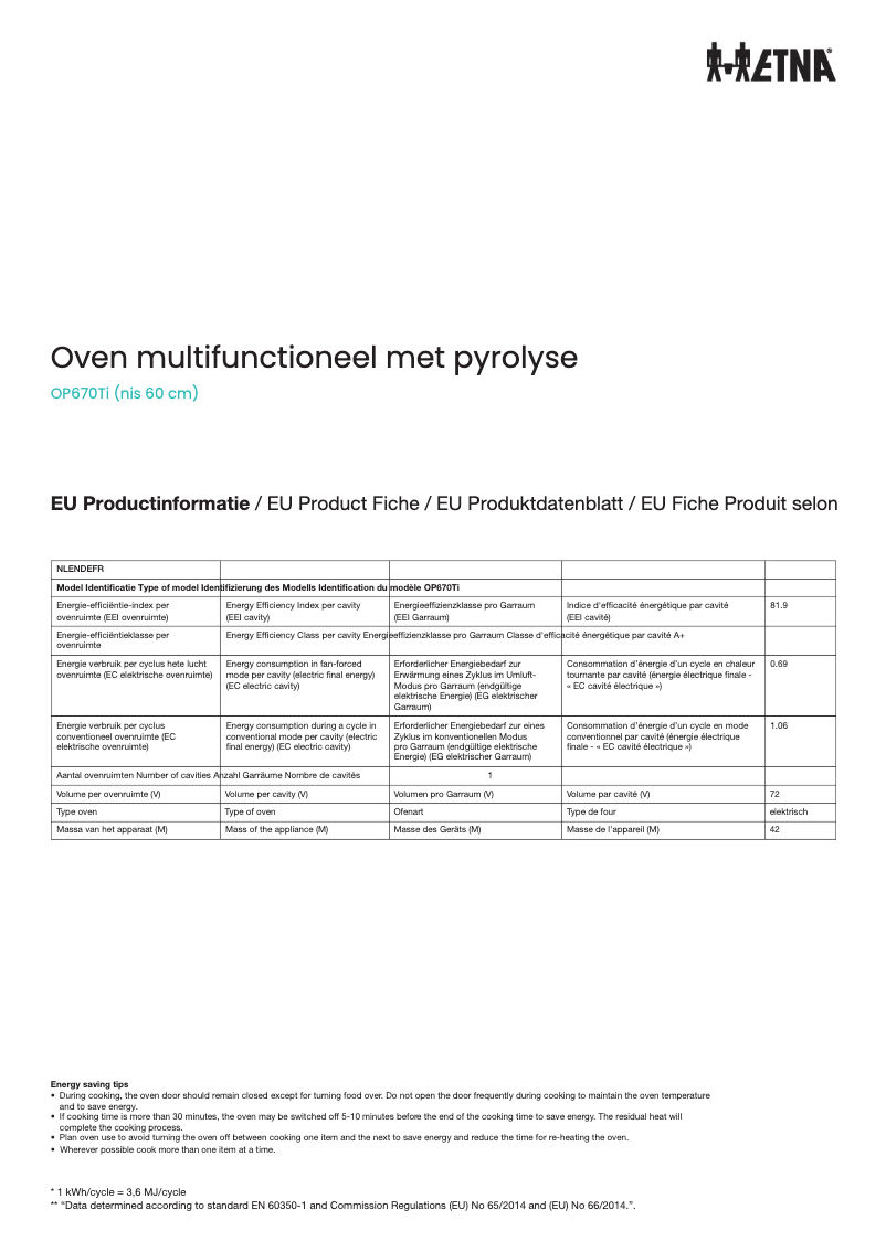Page 1 de la notice Fiche technique Etna OP670Ti