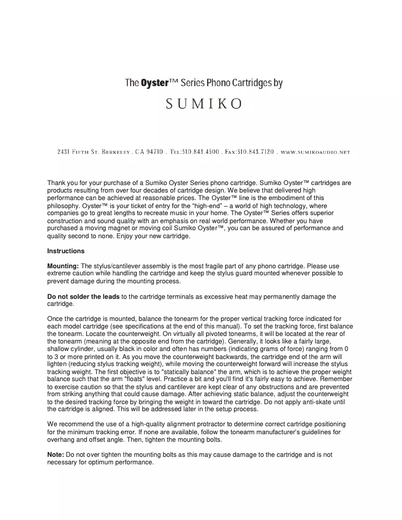 Page 1 de la notice Manuel utilisateur Sumiko Moonstone
