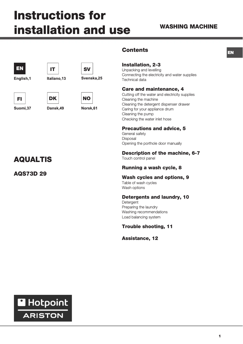 Page 1 of the manual User Manual Hotpoint Aqualtis AQS73D 29