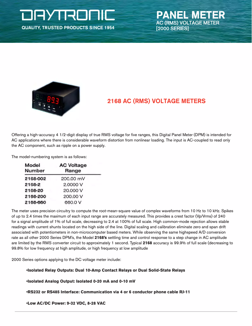 Page 1 de la notice Fiche technique Daytronic 2168-660