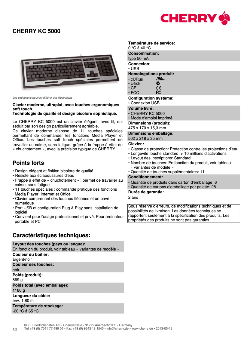 Page 1 de la notice Fiche technique Cherry KC 5000