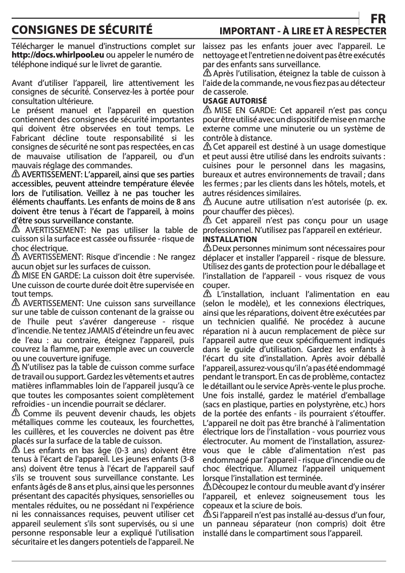 Page 1 de la notice Manuel utilisateur Whirlpool WS S6360 BF