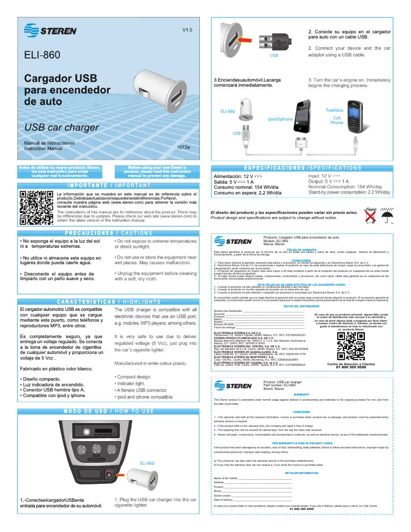 Page 1 de la notice Manuel utilisateur Steren ELI-860