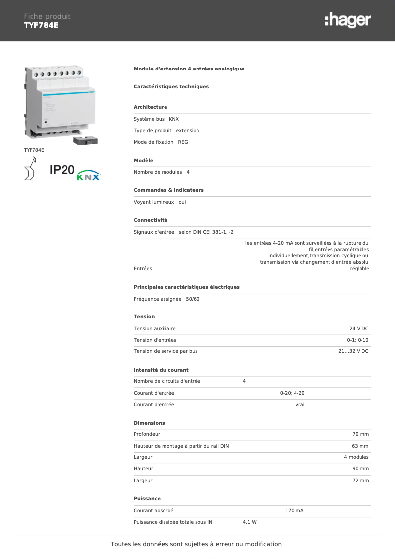 Página 1 del manual Ficha técnica Hager TYF784E