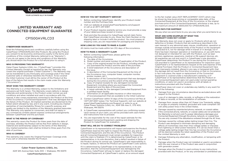 Página 1 del manual Información de garantía CyberPower CP1500AVRLCD3