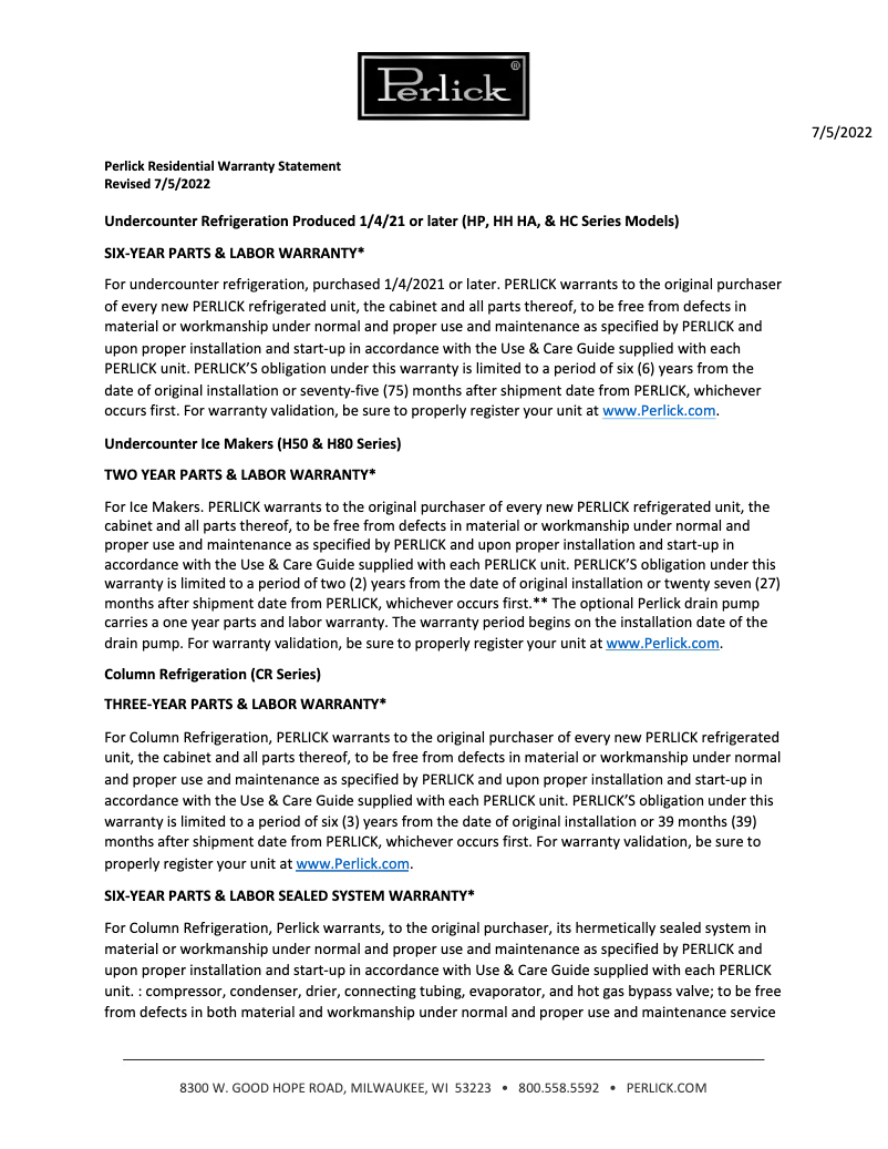 Page 1 de la notice Informations de garantie Perlick CR24R-1-2L