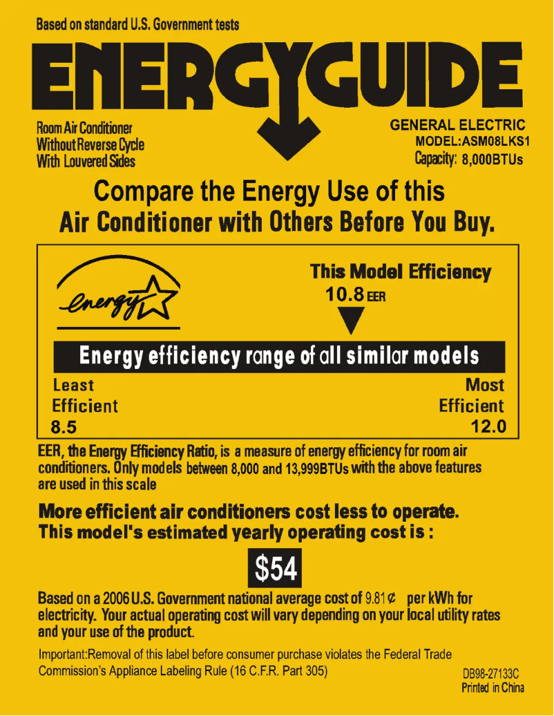 Page 1 of the manual Energy Label GE ASM08LK