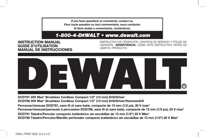 Page 1 de la notice Manuel utilisateur DeWalt DCD785