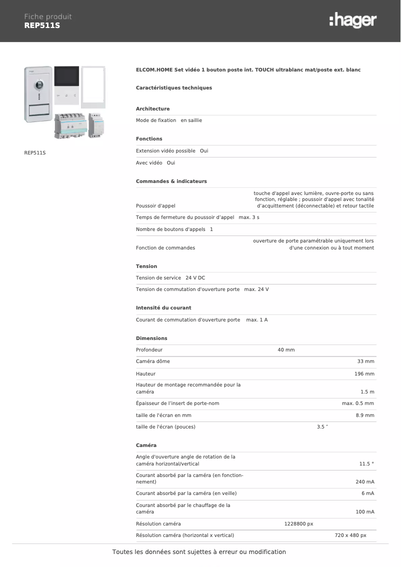 Page 1 de la notice Fiche technique Hager REP511S
