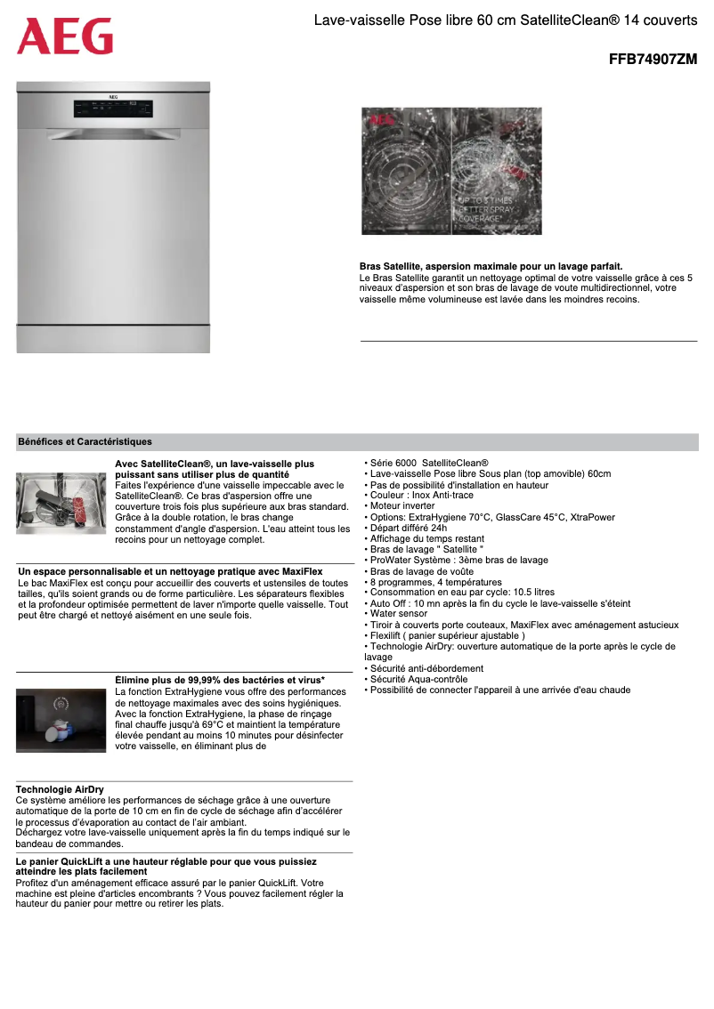 Page 1 de la notice Fiche technique AEG FFB74907ZM