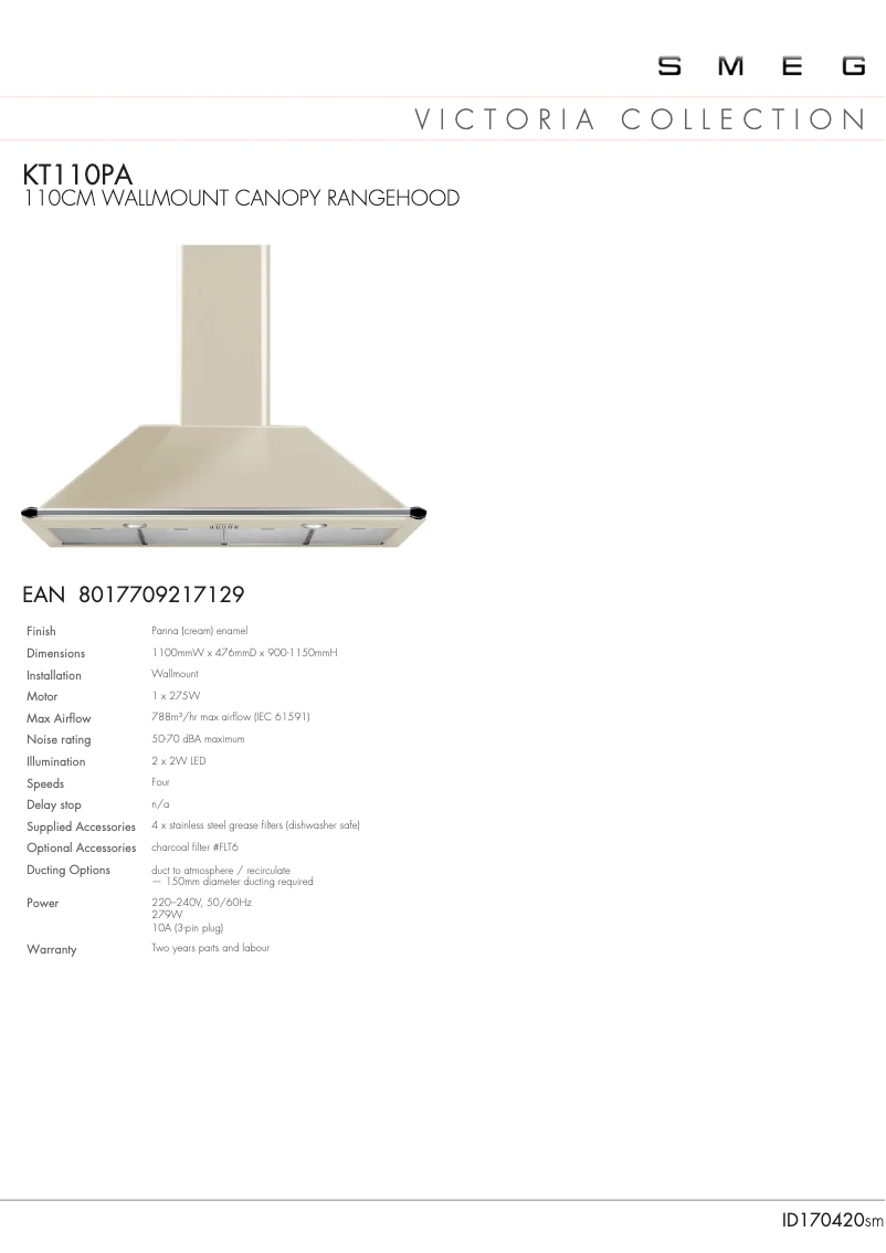 Page 1 de la notice Fiche technique Smeg KT110P