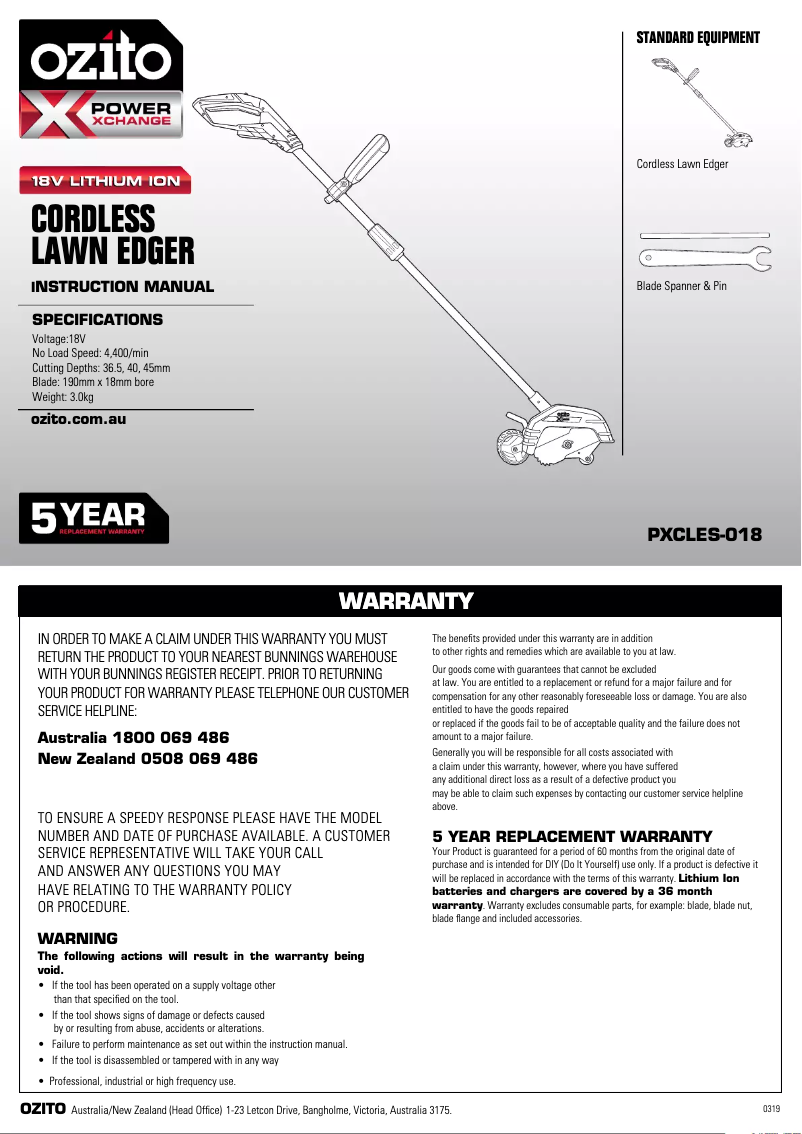 Page 1 de la notice Manuel utilisateur Ozito PXCLES-018