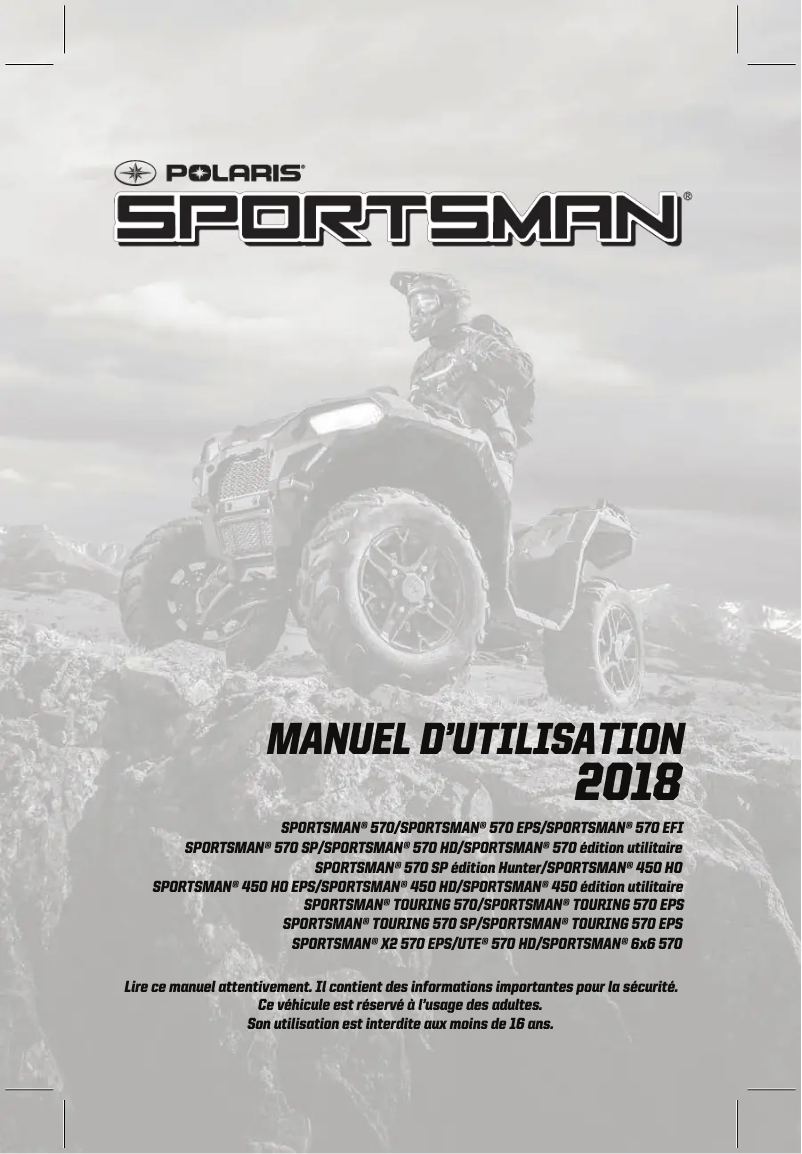 Page 1 de la notice Manuel utilisateur Polaris Sportsman X2 570 EPS (2018)