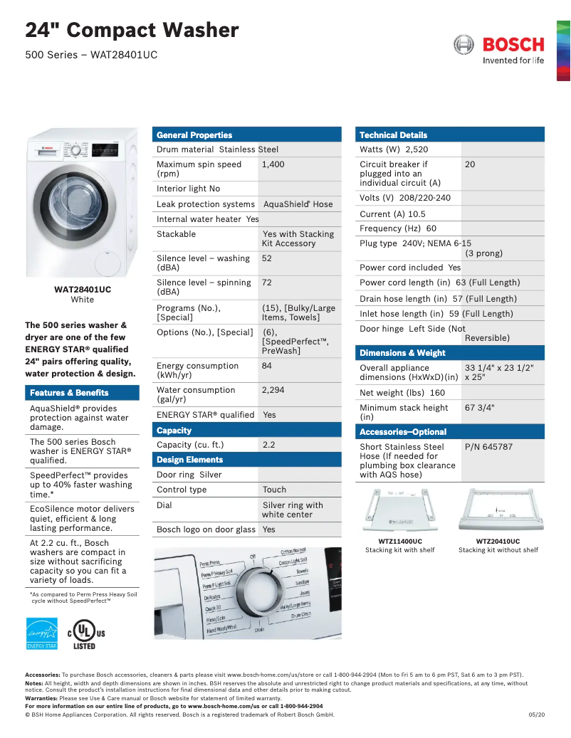 Page 1 of the manual Technical Sheet Bosch WAT28401UC