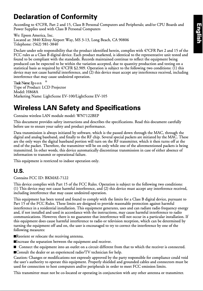 Página 1 del manual Información de garantía Epson LightScene EV-105