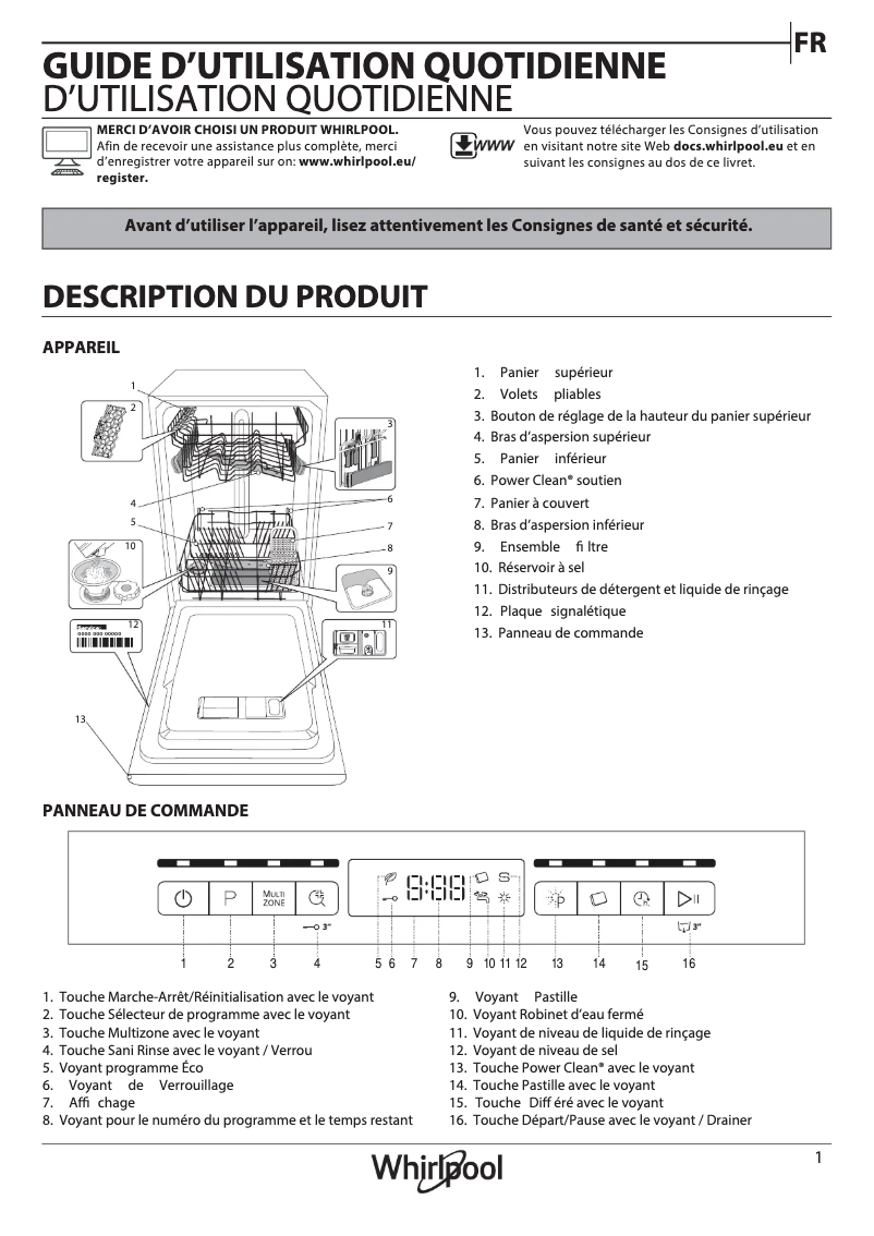 Page 1 de la notice Manuel utilisateur Whirlpool WSFO 3T223 P